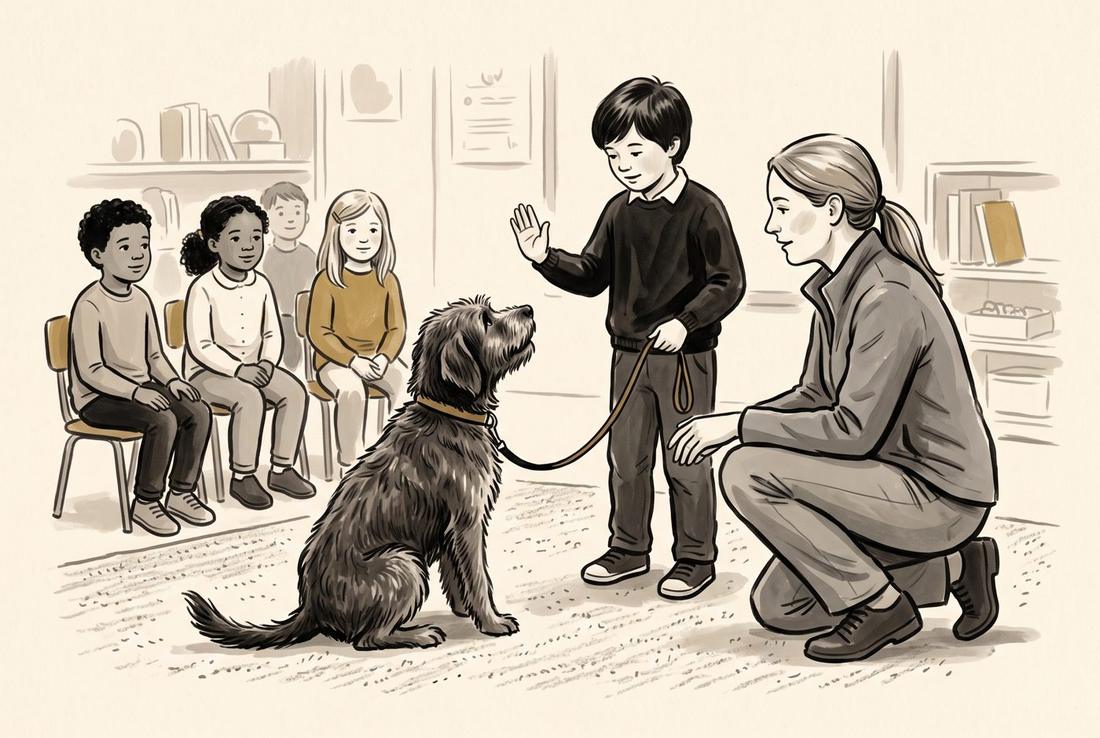 牵着狗做手势,训犬师蹲在旁边