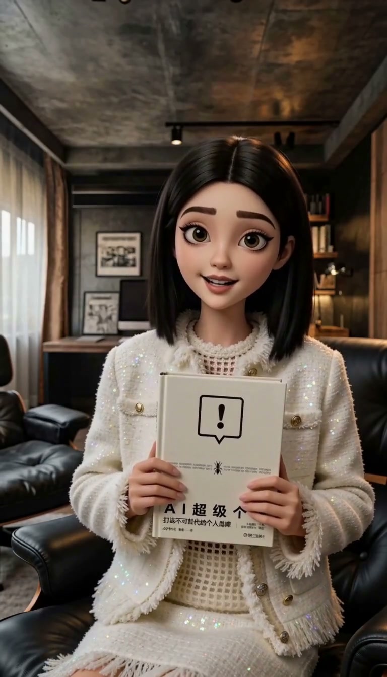 元宇宙公主，坐在书房里，手捧《AI超级个体》
